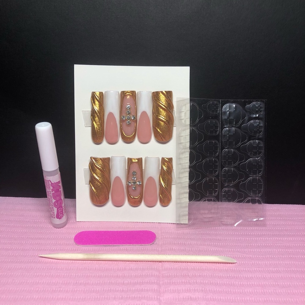 Handmade press on nail set. Long square French and gold design. - Picture 1 of 3